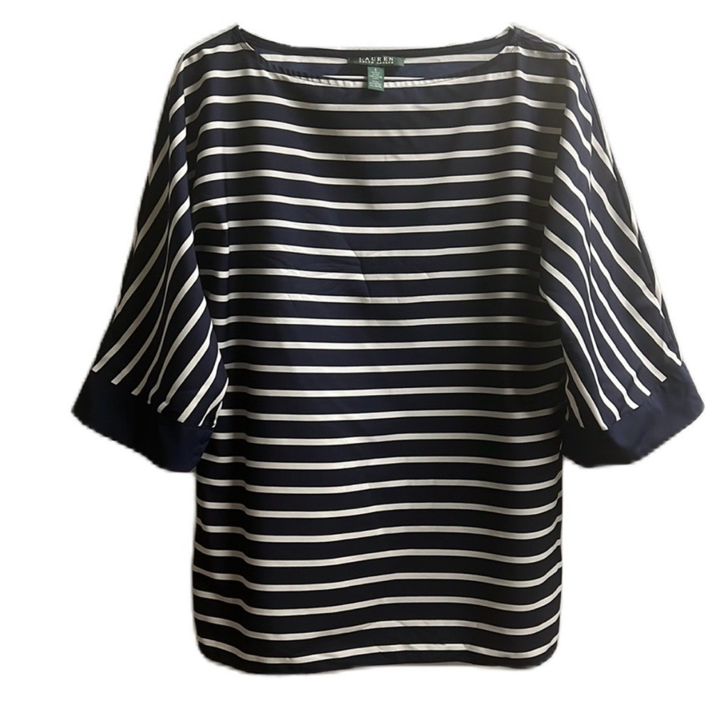 Ralph Lauren Boat Neck Nautical Relaxed Fit Top Dolman Sleeve Navy Stripe Sz M